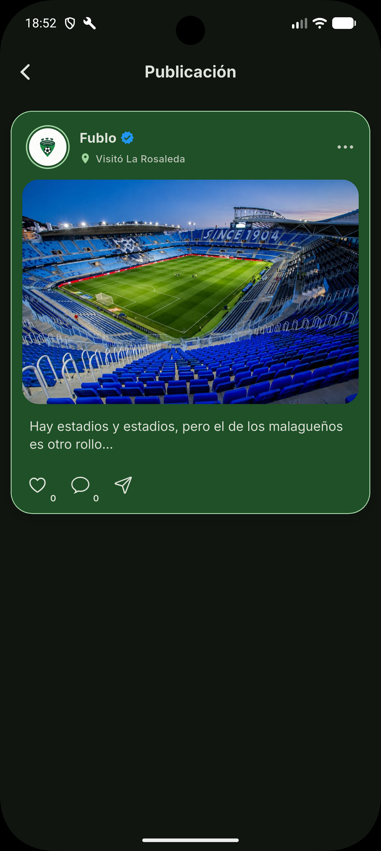 Publicación en Fublo compartiendo la visita a un estadio con otros aficionados.